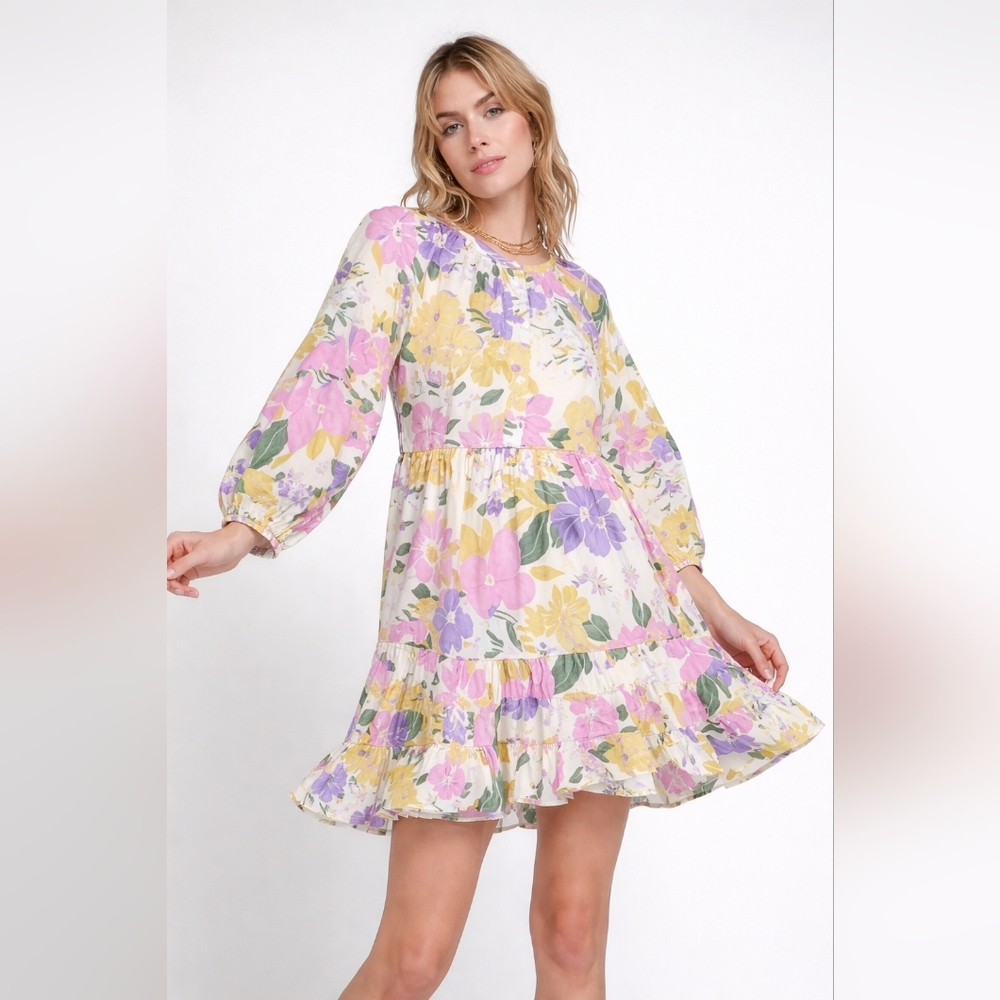 NWT Current Air Anthropologie Floral Tiered Tunic Dress Linen Rayon Pastel